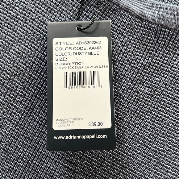 NWT Adrianna Papell Crew Neck Sweater with 3/4 Mesh Sleeves Dusty Blue Sz Large - Picture 9 of 9